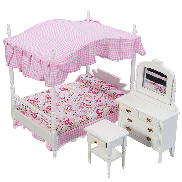 Doll House Miniature 1*Bed+1*Dressing Table+1*Nightstand Handmake Dollhouse Furniture