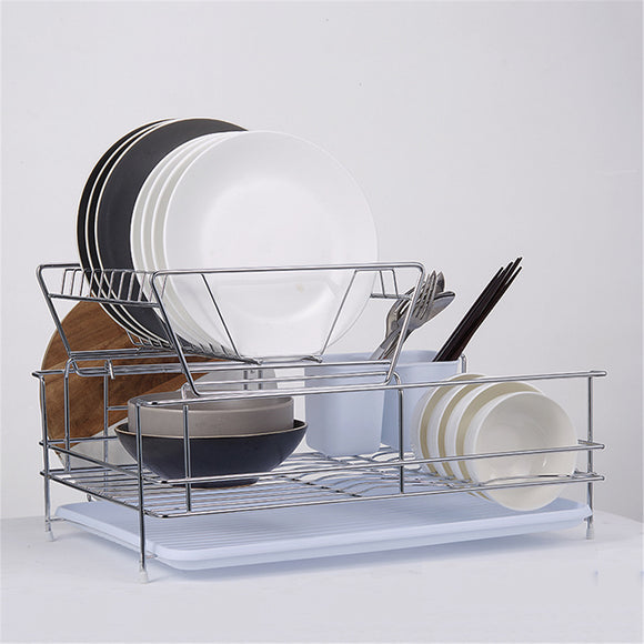 Dish Drainer 2 Tiers Stainless Steel Kitchen Washing Up Rack Holder & Drip Tray Kitchen Storage Rack