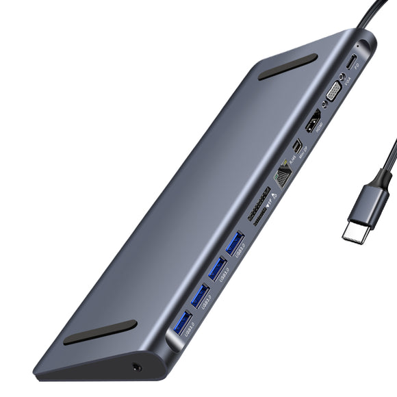 Bakeey 12 In 1 USB-C Type-C Hub Docking Station Adapter With 4 * USB 3.0 / 60W USB-C PD3.0 Power Delivery / 4K HD HDMI Video Output / 4K Mini DP Display Port / 1080P VGA / RJ45 Gigabit Network Port / 3.5mm Audio Jack / Memory Card Readers