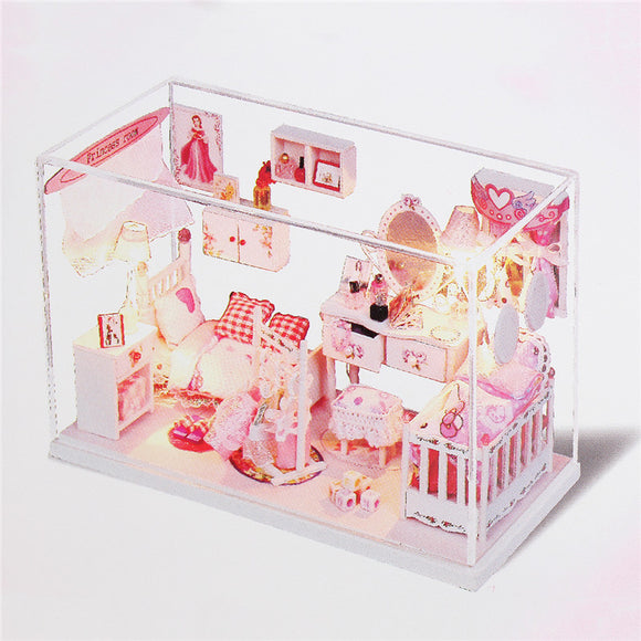 Kits DIY Dollhouse Bed Miniature With LED+Furniture+Dust Cover Doll House