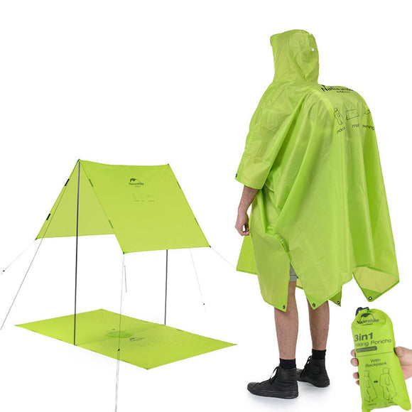 Naturehike NH17D002-M 3 in 1 Portable Hiking Poncho Raincoat Backpack Cover Camping Mat Sunshade
