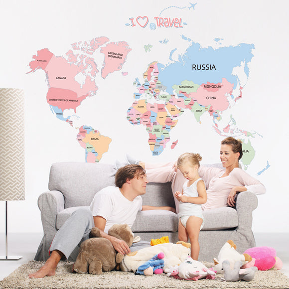 Colored  World Map PVC Wall Stickers Removable Waterproof Office Living Room Bedroom Wall Sticker