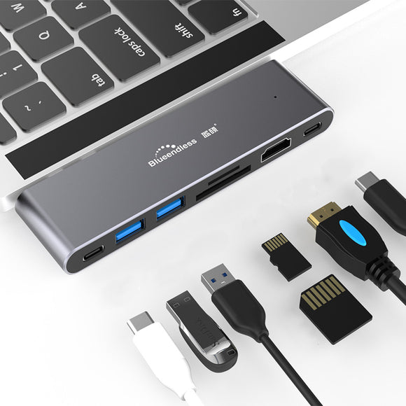 Blueendless 7 In 1 Dual USB-C Hub Adapter With 2 * USB 3.0 / 80W Type-C PD 8K 60HZ Video Output 40Gbps Data Transmission / 4K HDMI / Memory Card Readers For MacBook Pro MacBook Air