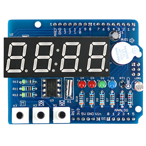 Clock Shield RTC DS1307 Module Multifunction Expansion Board with 4 Digit Display Light Sensor and Thermistor