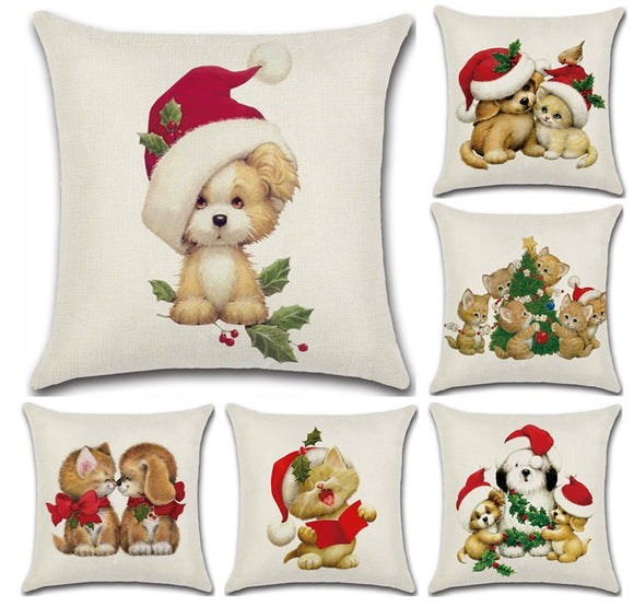 Merry Christmas Lovely Cats Dogs Cushion Covers Pillow Case Seat Sofa Pillow Cover