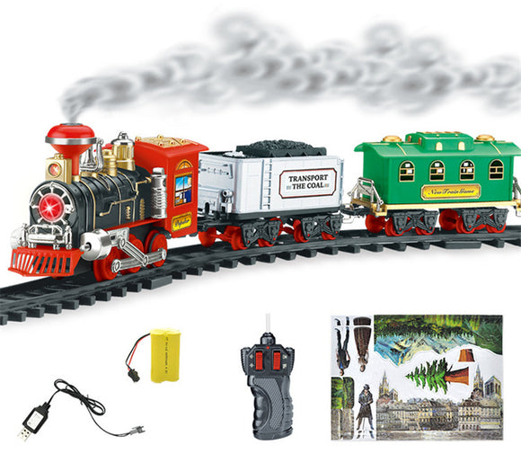 Electric Remote Control Simulation Rail Train Chargeable Steam Car Smoking Model Kids Christmas Gift
