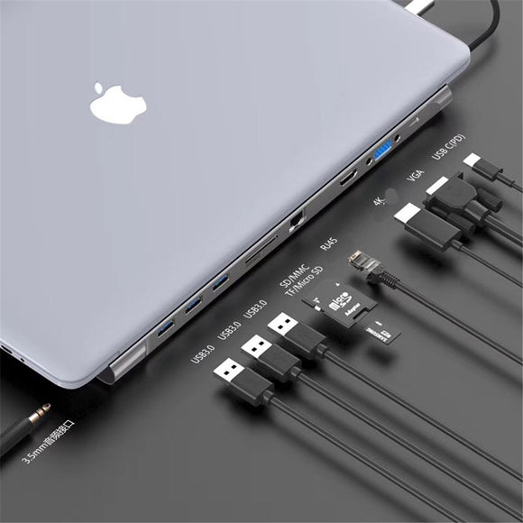 Bakeey 10 In 1 USB-C Hub Docking Station Adapter With 3 * USB 3.0 / 60W Type-C PD / 4K HDMI Video Output / 1080P VGA / RJ45 Network Port / 3.5mm Audio Jack / Memory Card Readers