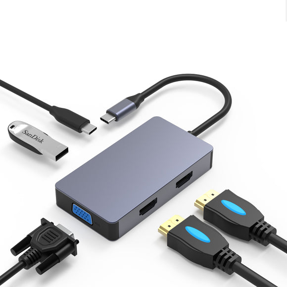 Blueendless 5 In 1 USB-C Hub Docking Station Adapter With USB 3.0 / Dual HDMI 4K HD Display / 1080P VGA / 100W Type-C PD Charging