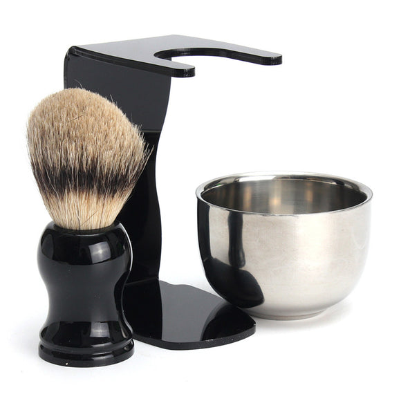 3 in 1 Men's Shaving Kits Badger Hairbrush + Stand + Stainless Steel Bowl Set