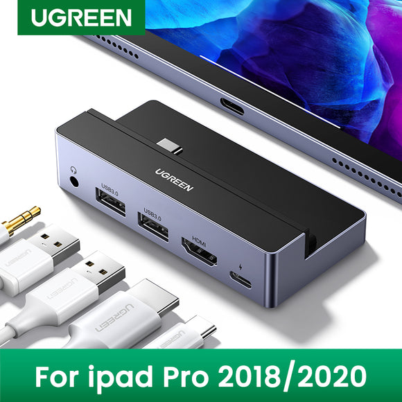 Ugreen 5 In 1 USB-C Hub Docking Station Adapter with 4K 60HZ HD Display / 100W USB-C PD3.0 Power Delivery / 3.5mm Audio Jack / 2 USB 3.0 Ports For iPad Pro 2018 For iPad Pro 2020