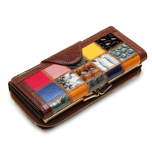 Women Genuine Leather Patchwork Long Wallet Elegant Random Pattern Purse Card Holder
