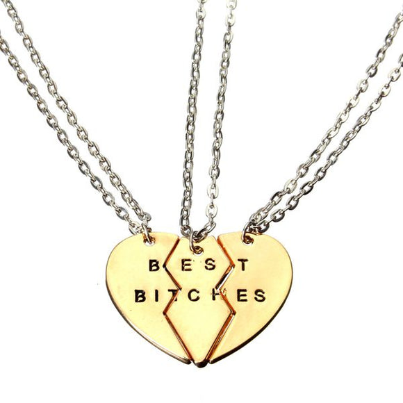 Gold Broken Heart 3 Parts Best Bitches Alloy Pendant Chain Necklaces