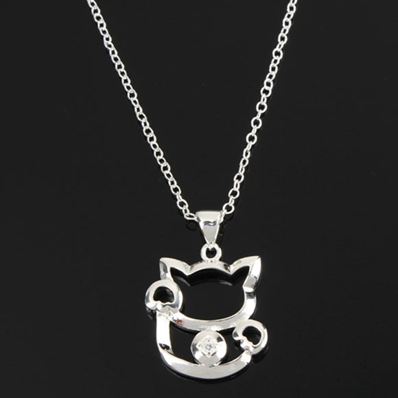 Silver Plated Cute Crystal Fortune Cat Pendant Necklace For Women