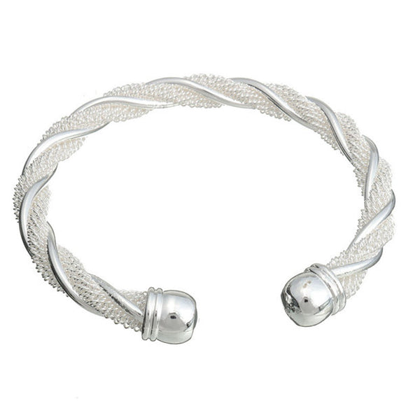 925 Silver Plated Twisted Wire Mesh Cuff Bracelet Bangle Women Jewelry