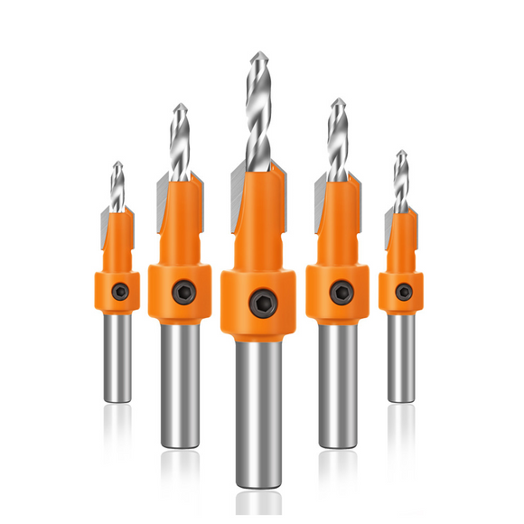 5Pcs 10mm Carbide Tip HSS Woodworking Countersink Drill Router Bit Set 8mm Shank Screw Extractor Remon Demolition for Wood Milling Cutter