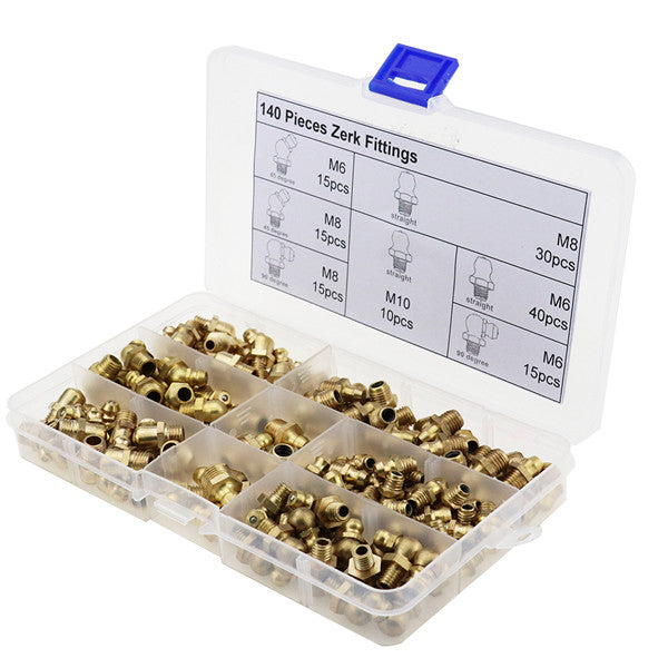 140pcs Metric Brass Zerk Fitting M6/M8/M10 Grease Nipple Fitting Kit P