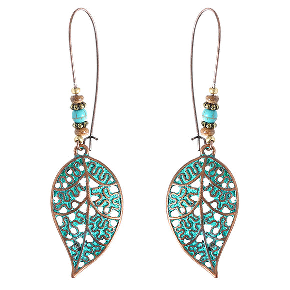 Retro Hollow Leaf Drop Earrings Bohemian Bronze Plated Women Jewelry