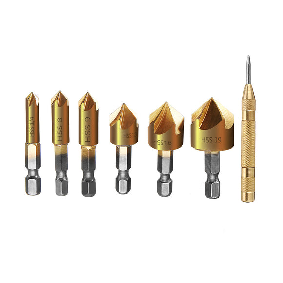Drillpro 6-19mm Countersink Drill Bit with Automatic Center Pin Punch 5 Flutes Hex Shank Titanium Coated Chamfer Cutter Set