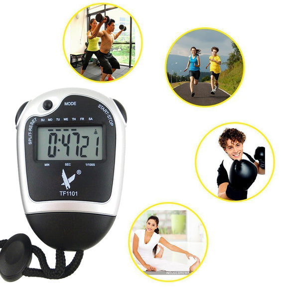 Portable Hand-held Single Row 2 Memories LCD Digital Stopwatch with Time Date Alarm Function