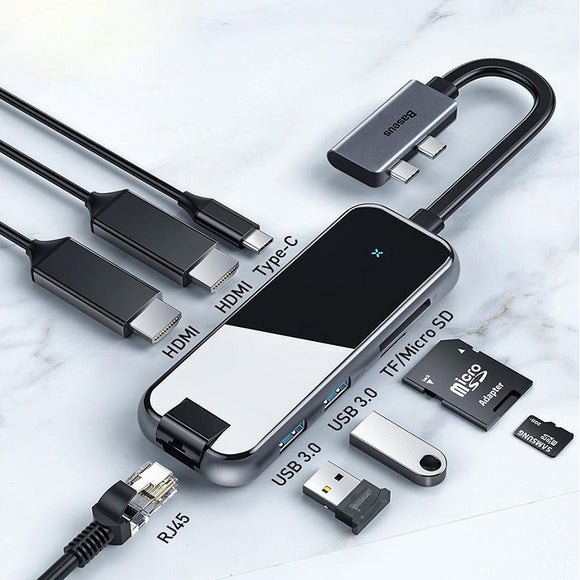 Baseus Dual USB-C Hub Adapter With 2 * USB 3.0 / Dual HDMI 4K HD Display Video Output / 100W Type-C PD / RJ45 Network Port / Memory Card Readers