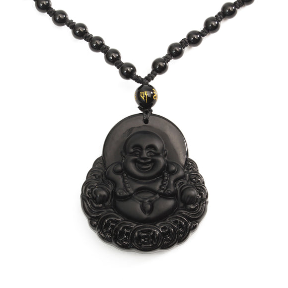 Black Obsidian Buddha Pendant Lucky Luck Beads Prayer Necklace Chain