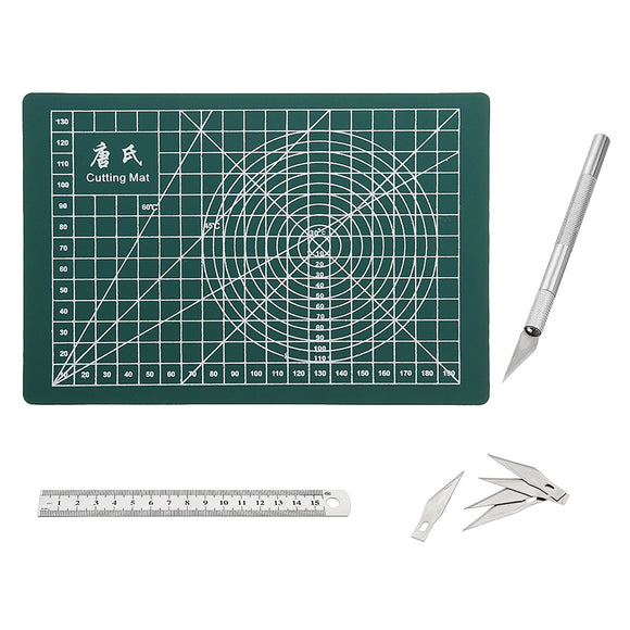 Drillpro A5 PVC Rectangle Grid Line Cutting Mat Stainless Metric Ruler 6pcs Blades Wood Carving Tool