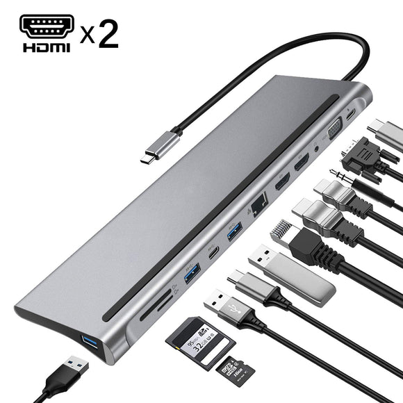 Bakeey 12 In 1 USB Type-C Hub Docking Station Adapter With Dual 4K HDMI Display / 1080P VGA / 87W USB-C PD3.0 Power Delivery / USB-C Data Transfer Port / RJ45 Network Port / 3.5mm Audio Jack / 3 * USB 3.0 / Memory Card Readers