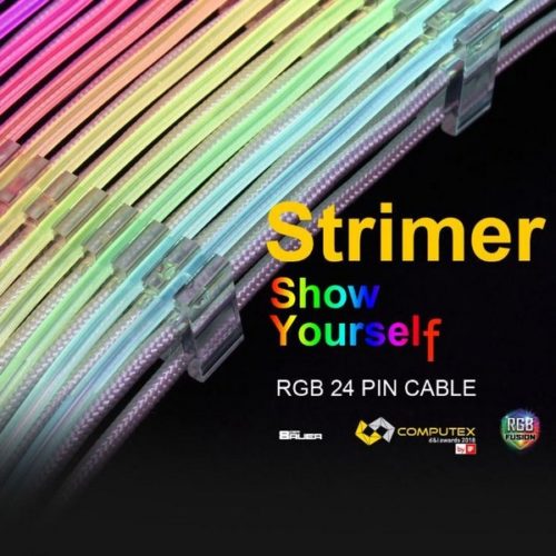 Lian-li Strimer RGB 24 - 24pin ATX psu extension cable , 24 strings (dual layer optic fiber construction ) , powered by 5v ARGB on mb or 3pin power via board supplied ( addressable RGB controller with brightness/speed/mode control ) - 24cm