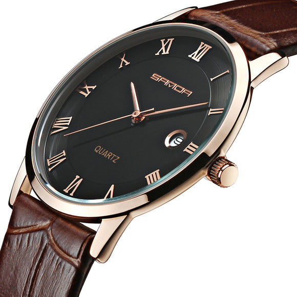 SANDA P188G/L Super Slim Calendar Couple Watch Genuine Leather Strap Quartz Watch