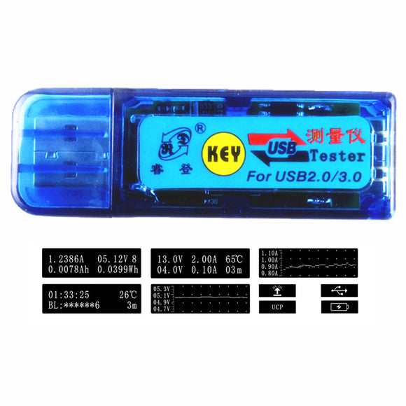 UPGRADE USB 2.0/3.0 USB Current Voltage Tester Capacity Energy Temperature Tester 0.0000-3.0000A