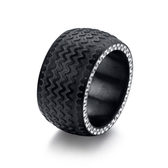 Black Mortobike Tire Profile Ring Stainless Steel Punk Finger Ring For Men