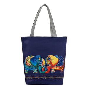 Women Canvas Elephant Print Shoulder Bag Casual Tote Bag Handbag