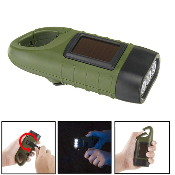 Solar Powered Hand Crank 3 LED Flashlight With Clip Emergency Light Outdoor Camping Fishing Lamp