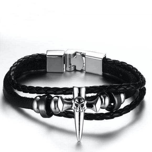 Vintage Black Leather Bracelet Skull Cross Punk Woven Rope Men's Bracelet Jewelry
