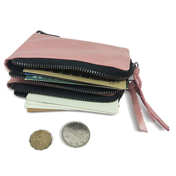 Genuine Leather Double Zipper Short Wallets Two Folded Purse Card Holder Coin Bags