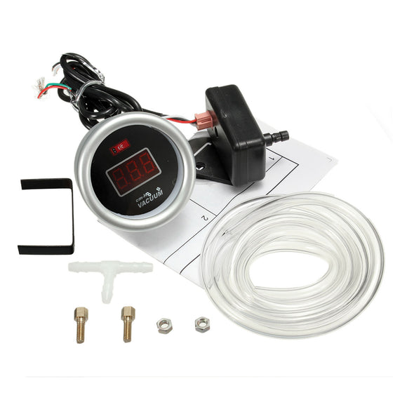 12V 52mm Red Digital Vacuum Gauge Display With Sensor PVC Hose Fitting Kit
