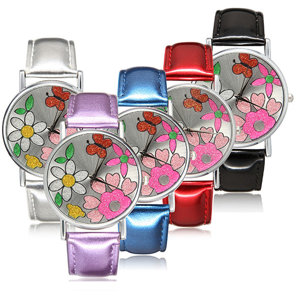 Fashion Flower Flash Powder PU Leather Band Analog Quartz Girls Women Watch