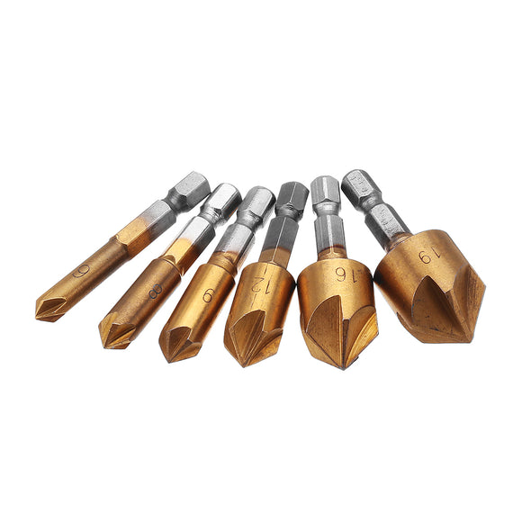 Drillpro 6pcs 6-19mm 82 Degree 5 Flute Titanium Chamfering Cutter Hex Shank Countersink Drill Bit