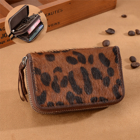 Leopard Print Genuine Leather Retro Car Key Holder Sheepskin & Horse Fur Card Holder Key Bag