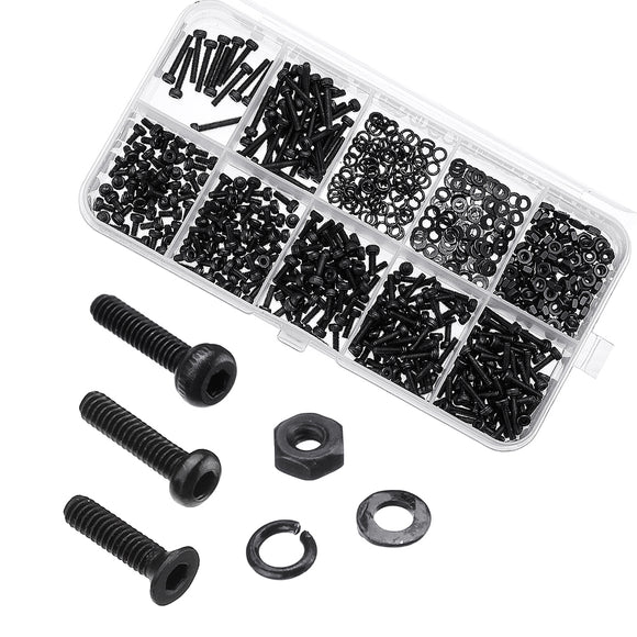 600Pcs Black Carbon Steel 10.9 Grade Hexagon Cap Button Head Flat Head Screw Nuts Assortment Set