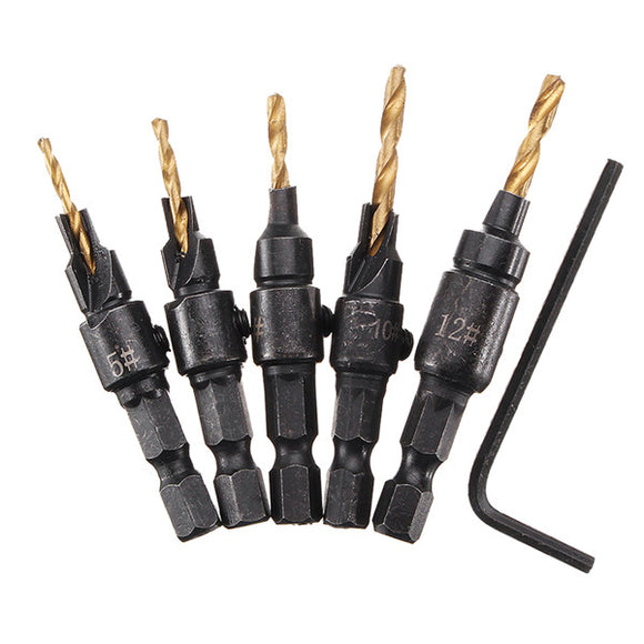 5pcs HSS 5/6/8/10/12 Countersink Chamfer Drill Bit Set Pilot Hole Woodworking Tool