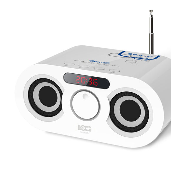 Loci D68 White FM USB AUX TF Wireless Clock Stereo Bumping Bass Speakers Dual Speaker Alarm Clock
