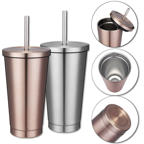 500ml Stainless Steel Mug Portable Home And Office Tumbler Coffee Ice Cup With Drinking Straw