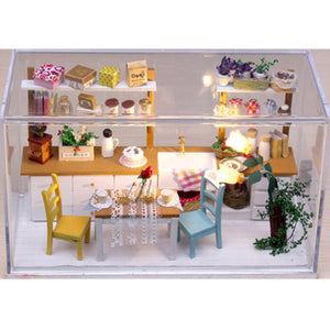 Hoomeda DIY Wooden Dollhouse Miniature Dining Room Model Kit With Cover LED Handicraft Kitchen House