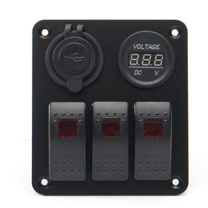 12/24V 4 Gang LED Rocker Switch Panel Marine Boat Voltmeter Dual USB Charger