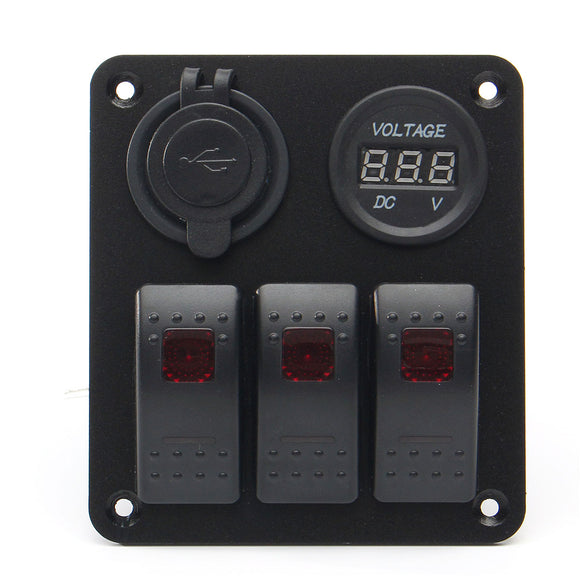 12/24V 4 Gang LED Rocker Switch Panel Marine Boat Voltmeter Dual USB Charger