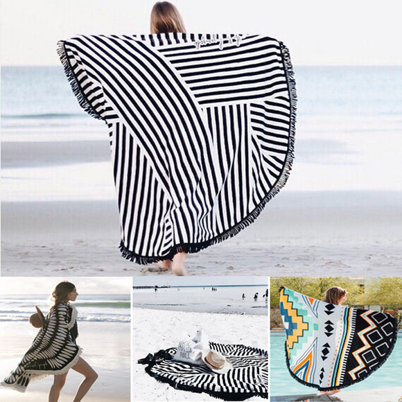 Honana WX-992 150cm Bohemian Style Thin Tassel Beach Towel Round Silk Scarf Bed Sheet Tapestry