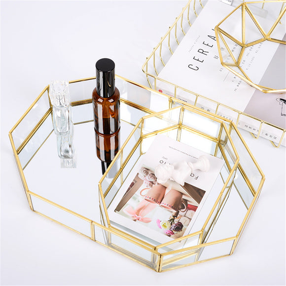 2 Size Mirror Glass Tray Octagon Cosmetic Makeup Desktop Organizer Jewelry Display Stand Holder