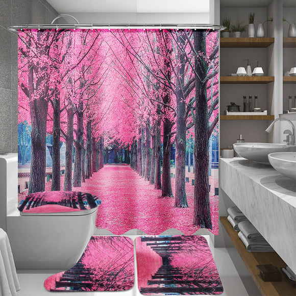 Sakura Floral Waterproof Bathroom Shower Curtain Seat Lid Cover Bath Mat Hook