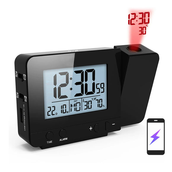 Projection Alarm Clock for Bedroom with Thermometer Hygrometer Digital Project Ceiling Clock Dimmable LED Display with USB Charger 180Rotable with Dual Alarms 12/24H Snooze